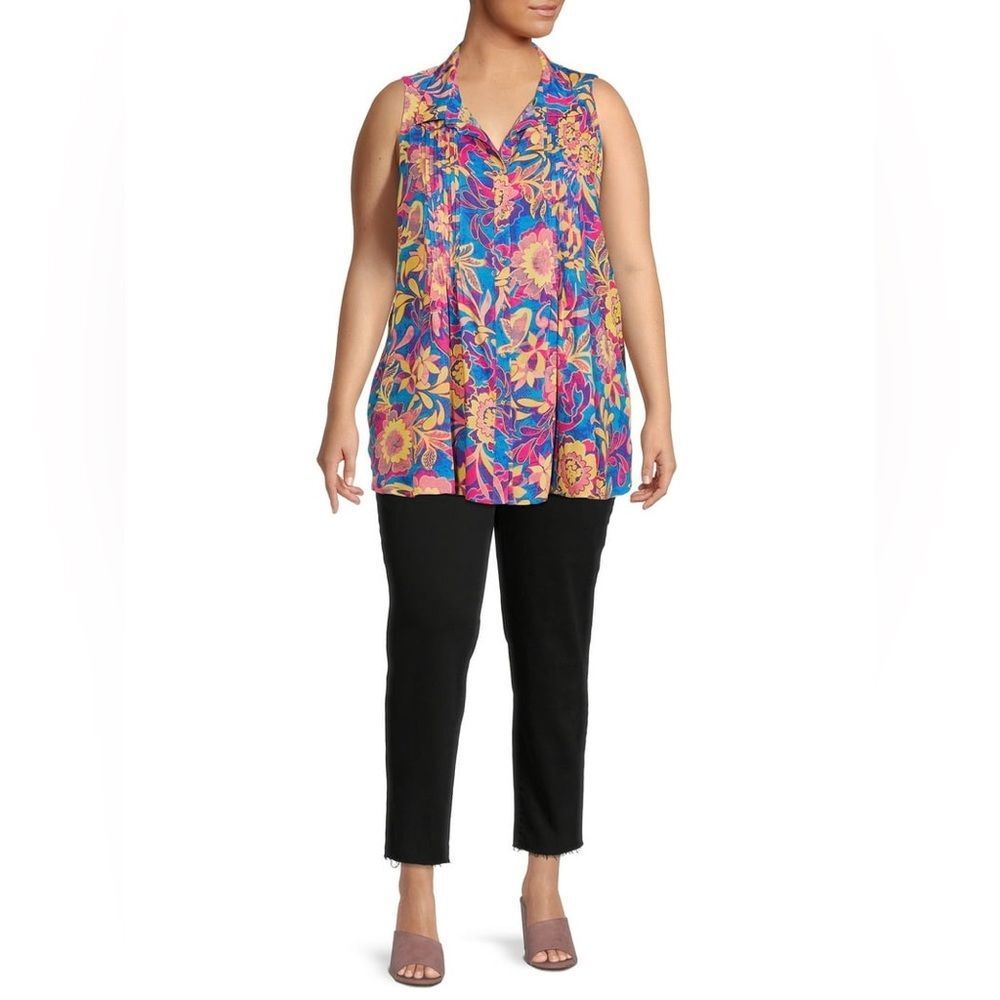 Terra & Sky Women's Plus Sleeveless Pintuck Multi Color Vibrant Shirt Top 3X